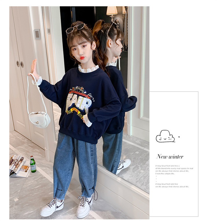 Girls' Spring and Autumn Clothing Sweater Suit 2021 New Korean Style Western Style Medium and Big Children Jeans Girl Stylish Two-Piece Suit