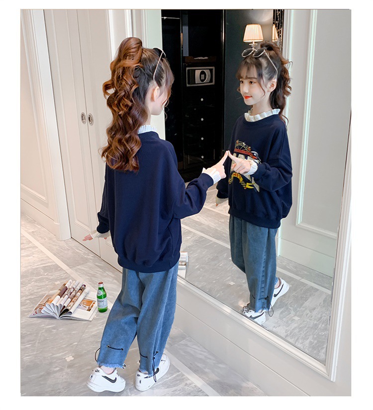 Girls' Spring and Autumn Clothing Sweater Suit 2021 New Korean Style Western Style Medium and Big Children Jeans Girl Stylish Two-Piece Suit