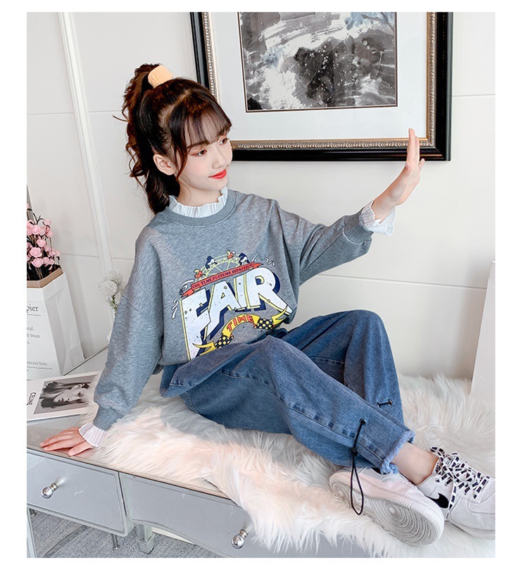 Girls' Spring and Autumn Clothing Sweater Suit 2021 New Korean Style Western Style Medium and Big Children Jeans Girl Stylish Two-Piece Suit
