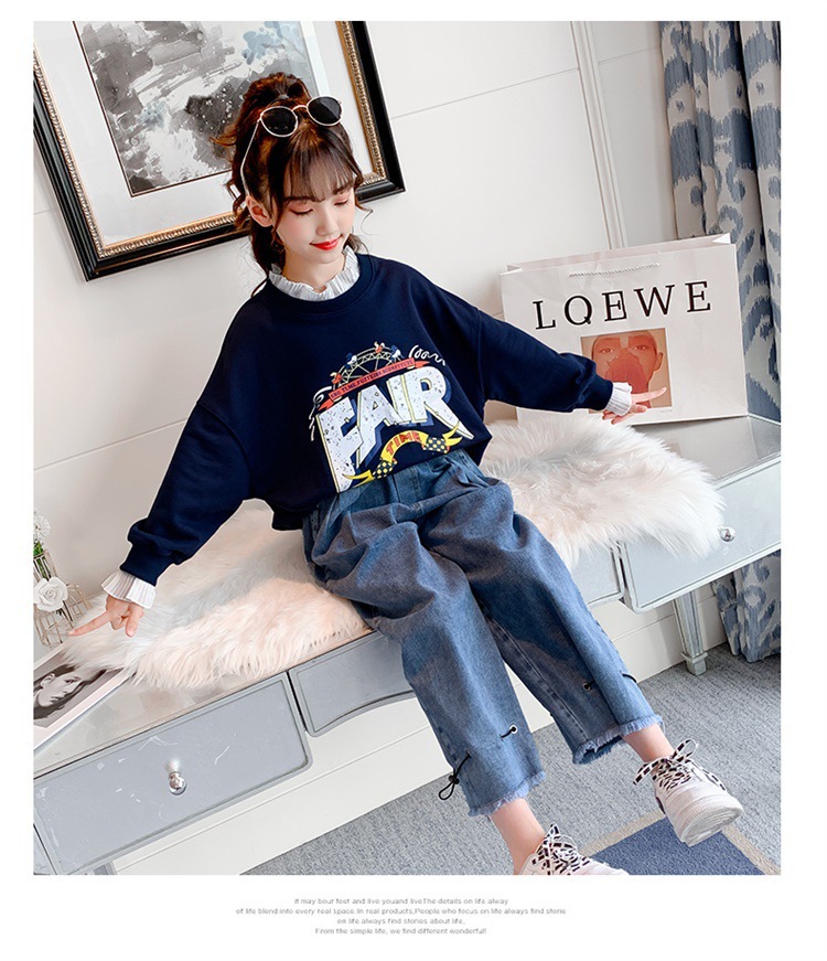 Girls' Spring and Autumn Clothing Sweater Suit 2021 New Korean Style Western Style Medium and Big Children Jeans Girl Stylish Two-Piece Suit