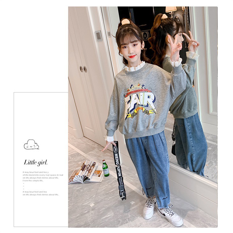 Girls' Spring and Autumn Clothing Sweater Suit 2021 New Korean Style Western Style Medium and Big Children Jeans Girl Stylish Two-Piece Suit