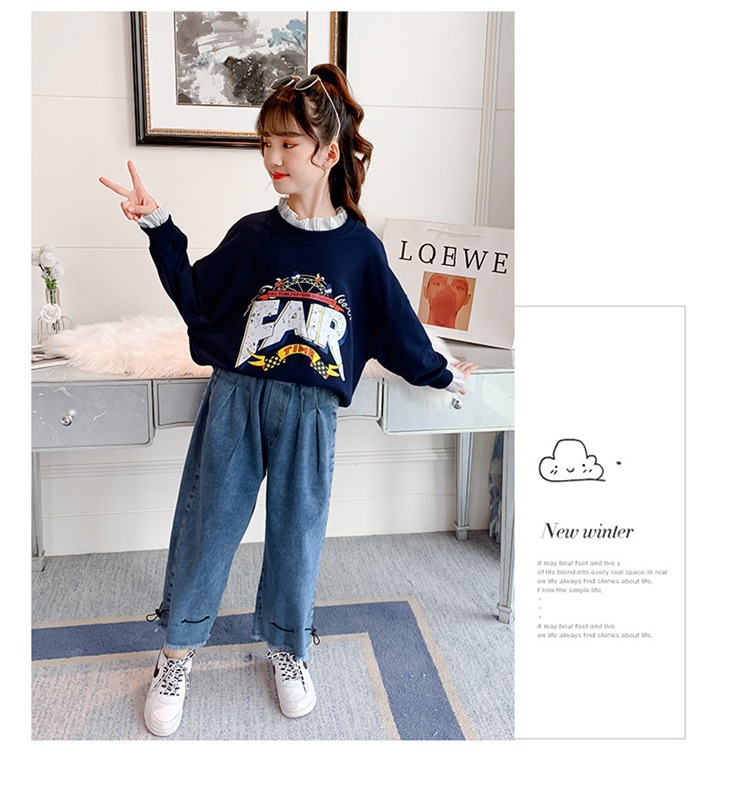 Girls' Spring and Autumn Clothing Sweater Suit 2021 New Korean Style Western Style Medium and Big Children Jeans Girl Stylish Two-Piece Suit
