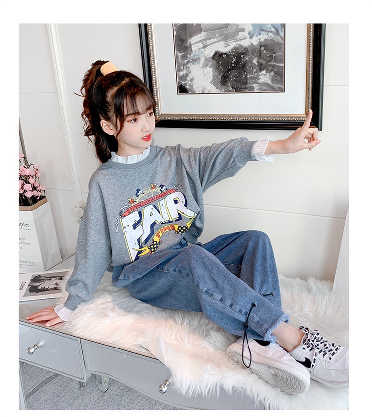 Girls' Spring and Autumn Clothing Sweater Suit 2021 New Korean Style Western Style Medium and Big Children Jeans Girl Stylish Two-Piece Suit