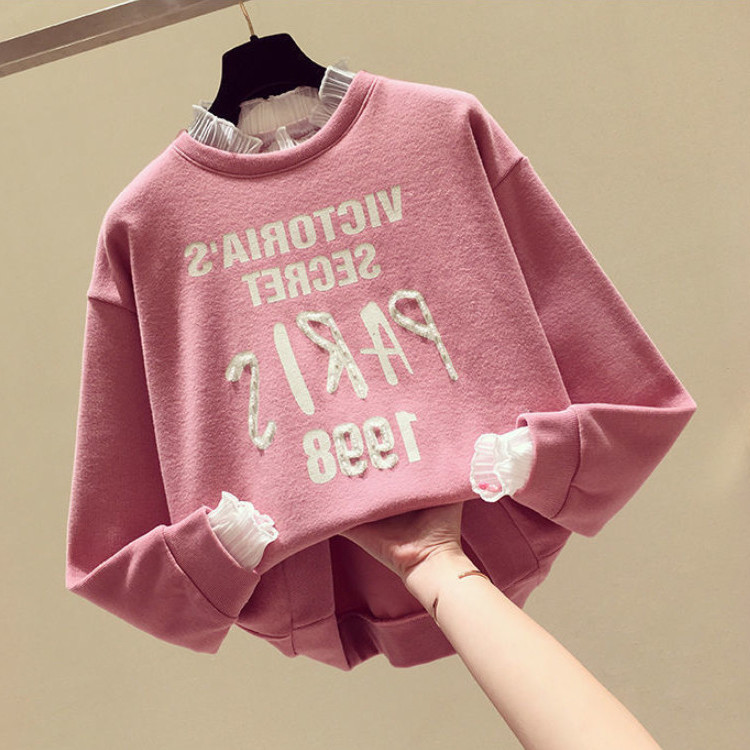 Lace Turtleneck Rhinestone Letters Brushed Hoody round Neck Pullover Long Sleeve 2020 Women&#039;s New All-Matching Hoodie Autumn and Winter