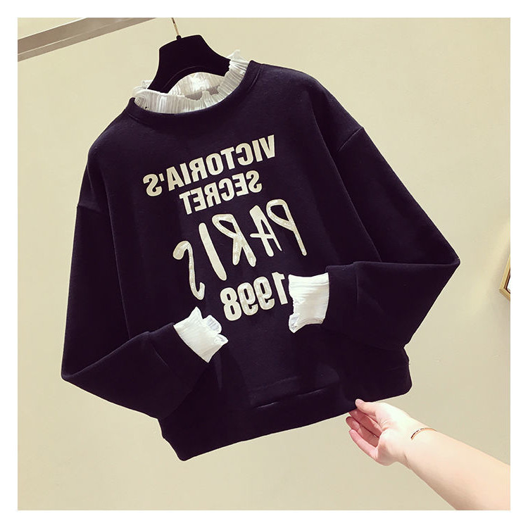Lace Turtleneck Rhinestone Letters Brushed Hoody round Neck Pullover Long Sleeve 2020 Women&#039;s New All-Matching Hoodie Autumn and Winter