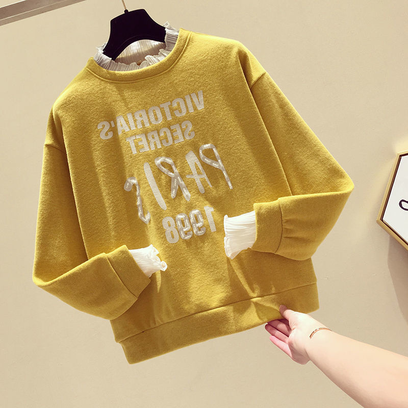 Lace Turtleneck Rhinestone Letters Brushed Hoody round Neck Pullover Long Sleeve 2020 Women&#039;s New All-Matching Hoodie Autumn and Winter
