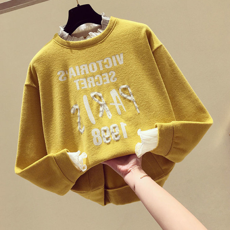 Lace Turtleneck Rhinestone Letters Brushed Hoody round Neck Pullover Long Sleeve 2020 Women&#039;s New All-Matching Hoodie Autumn and Winter