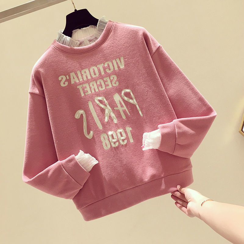 Lace Turtleneck Rhinestone Letters Brushed Hoody round Neck Pullover Long Sleeve 2020 Women's New All-Matching Hoodie Autumn and Winter