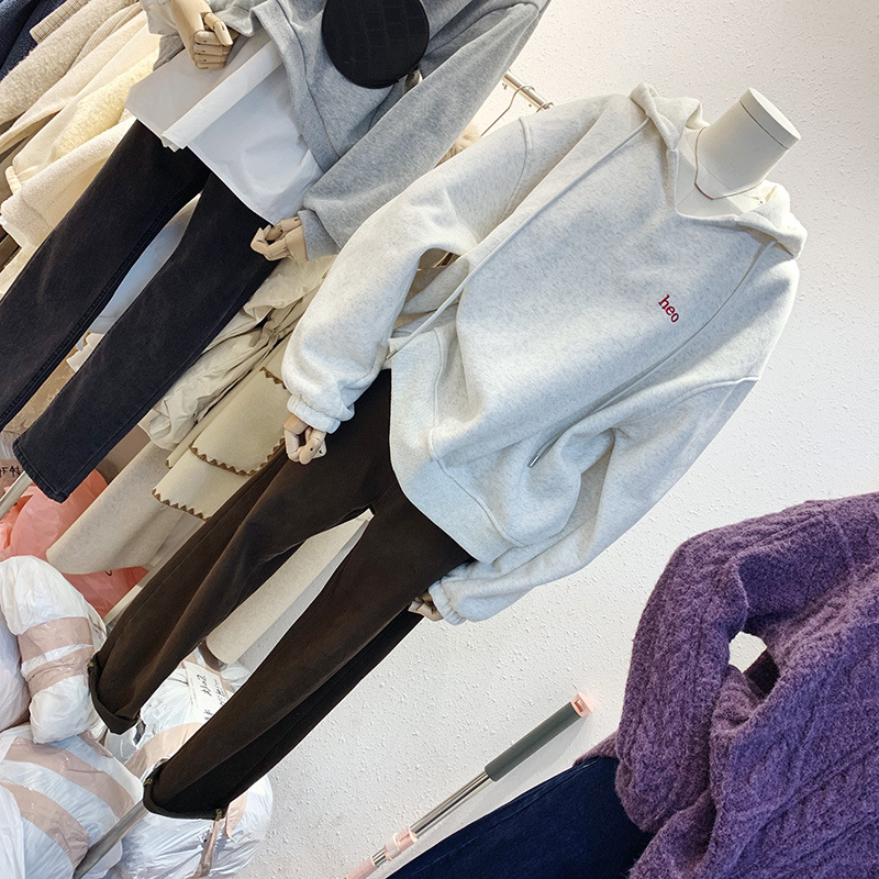 2021 Autumn and Winter New Women's Clothing Korean-Style Long-Sleeved Hooded V-neck Fleece-Lined Thick Loose Hoody