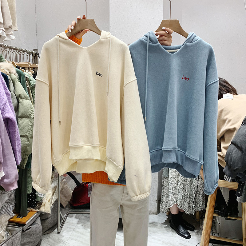 2021 Autumn and Winter New Women's Clothing Korean-Style Long-Sleeved Hooded V-neck Fleece-Lined Thick Loose Hoody