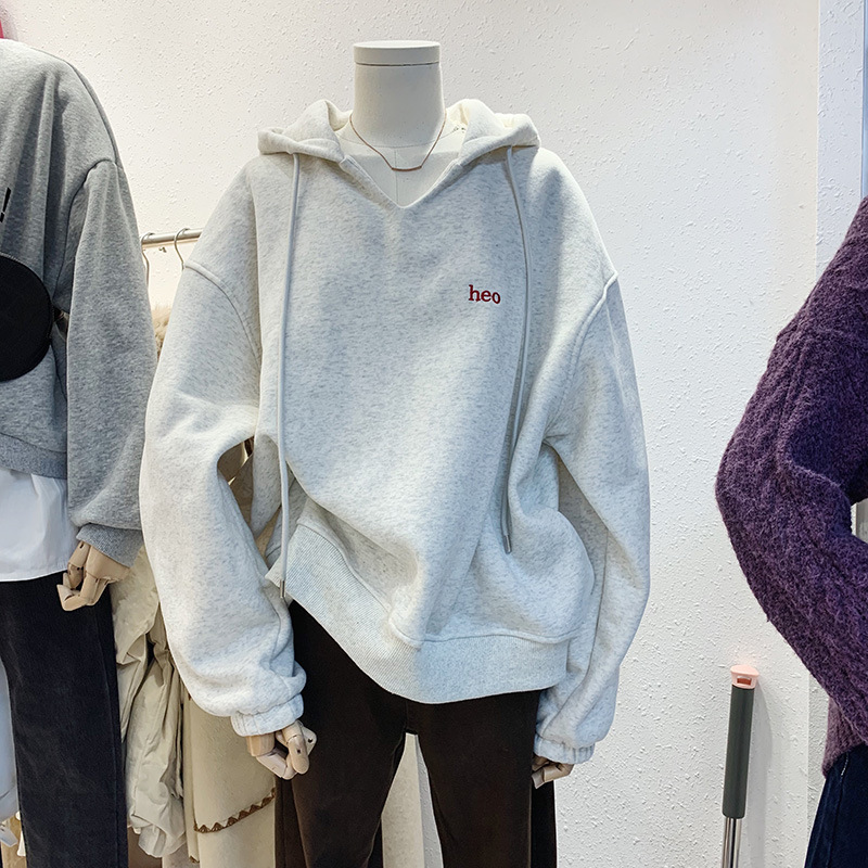 2021 Autumn and Winter New Women's Clothing Korean-Style Long-Sleeved Hooded V-neck Fleece-Lined Thick Loose Hoody