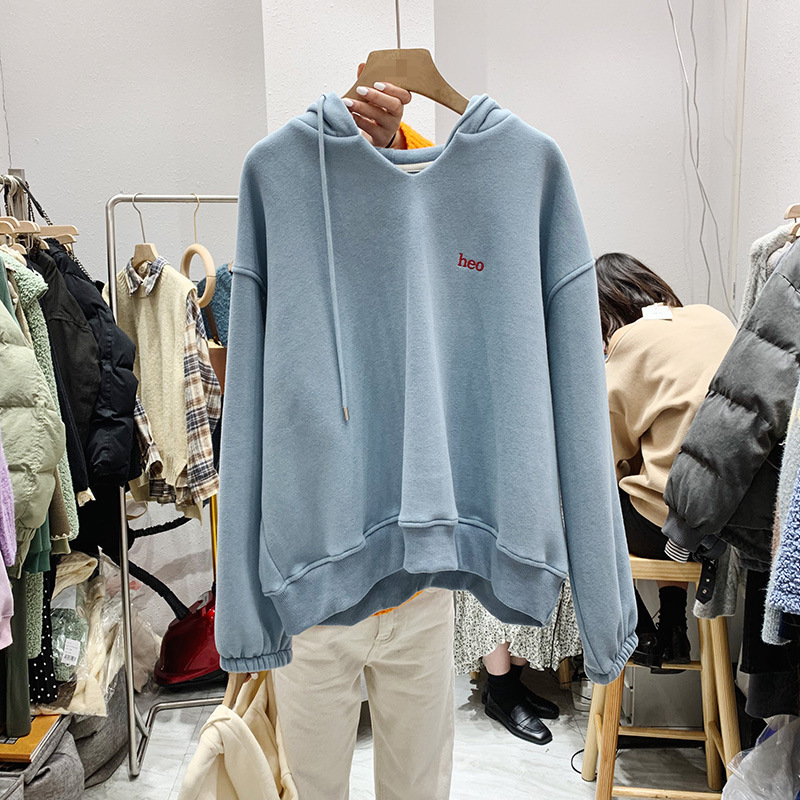 2021 Autumn and Winter New Women's Clothing Korean-Style Long-Sleeved Hooded V-neck Fleece-Lined Thick Loose Hoody