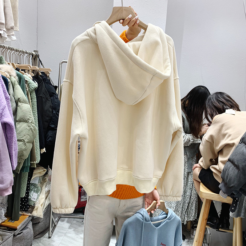 2021 Autumn and Winter New Women's Clothing Korean-Style Long-Sleeved Hooded V-neck Fleece-Lined Thick Loose Hoody