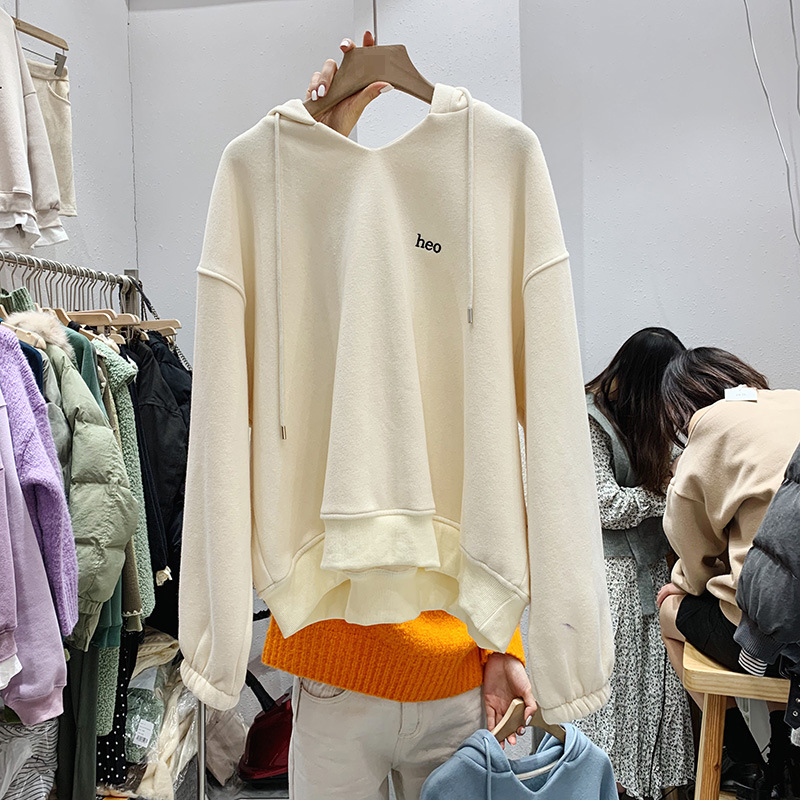 2021 Autumn and Winter New Women's Clothing Korean-Style Long-Sleeved Hooded V-neck Fleece-Lined Thick Loose Hoody