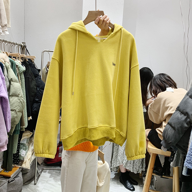 2021 Autumn and Winter New Women's Clothing Korean-Style Long-Sleeved Hooded V-neck Fleece-Lined Thick Loose Hoody