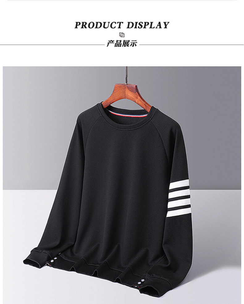 Men's Waffle Brushed Hoody Autumn and Winter Fashion Brand Casual round Neck Pullover Top Clothes Striped TB Long Sleeve T-shirt Men