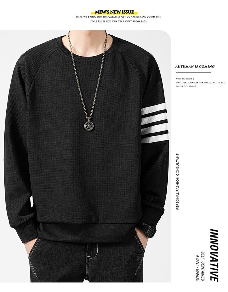 Men's Waffle Brushed Hoody Autumn and Winter Fashion Brand Casual round Neck Pullover Top Clothes Striped TB Long Sleeve T-shirt Men