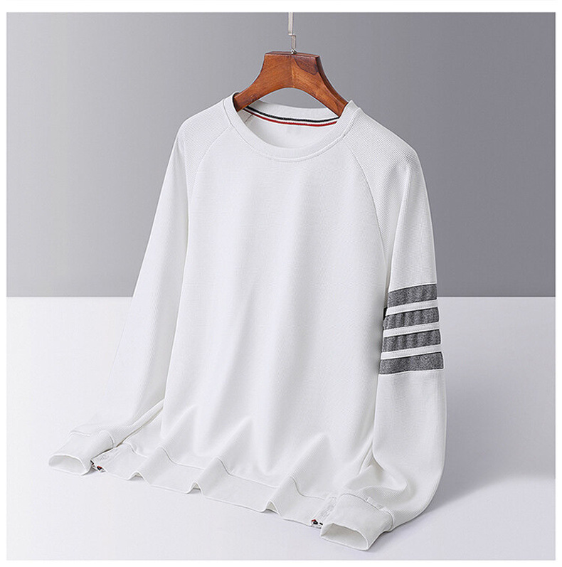Men's Waffle Brushed Hoody Autumn and Winter Fashion Brand Casual round Neck Pullover Top Clothes Striped TB Long Sleeve T-shirt Men