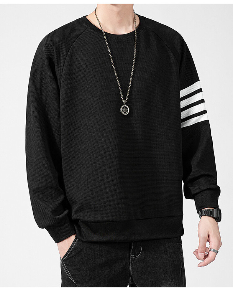 Men's Waffle Brushed Hoody Autumn and Winter Fashion Brand Casual round Neck Pullover Top Clothes Striped TB Long Sleeve T-shirt Men