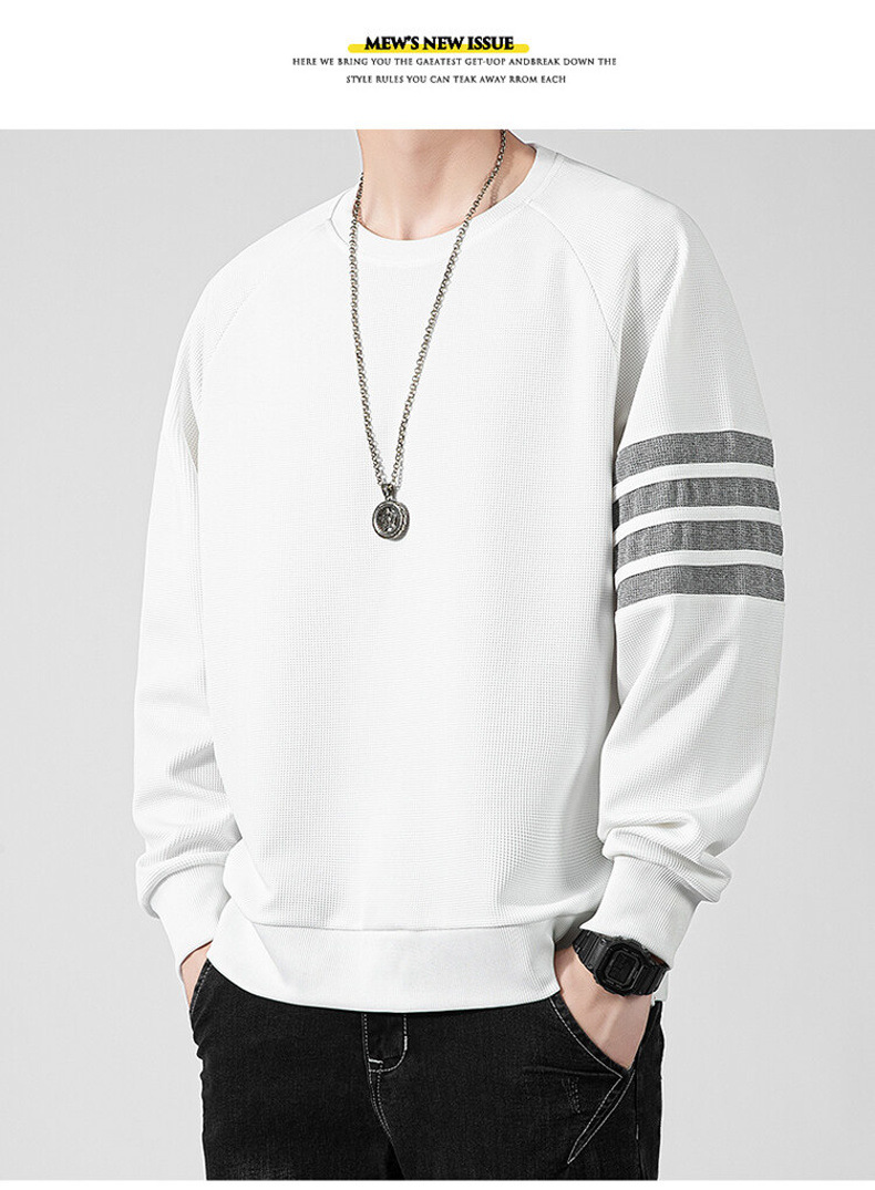 Men's Waffle Brushed Hoody Autumn and Winter Fashion Brand Casual round Neck Pullover Top Clothes Striped TB Long Sleeve T-shirt Men