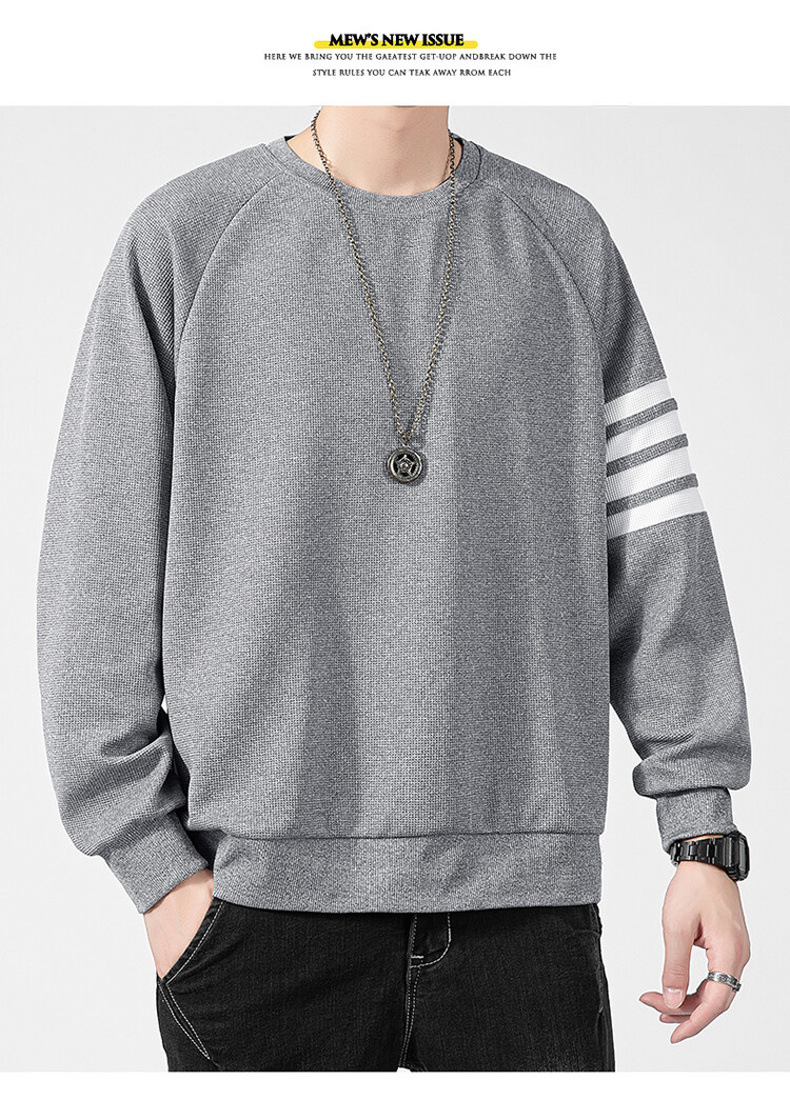 Men's Waffle Brushed Hoody Autumn and Winter Fashion Brand Casual round Neck Pullover Top Clothes Striped TB Long Sleeve T-shirt Men