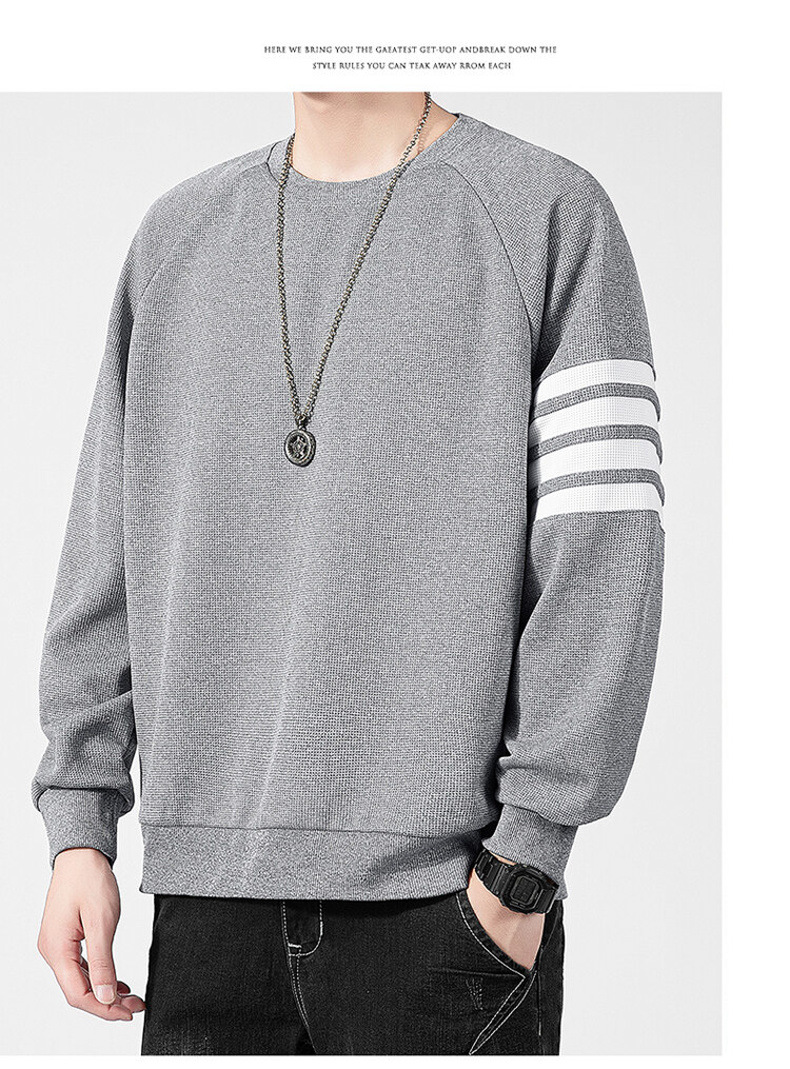Men's Waffle Brushed Hoody Autumn and Winter Fashion Brand Casual round Neck Pullover Top Clothes Striped TB Long Sleeve T-shirt Men
