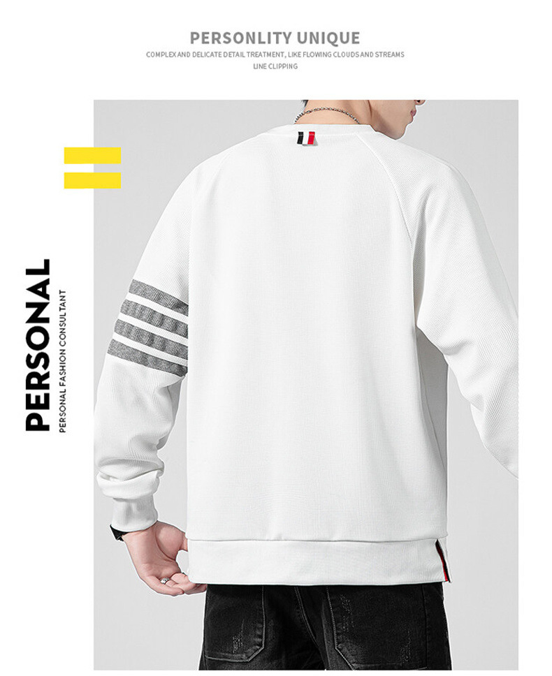 Men's Waffle Brushed Hoody Autumn and Winter Fashion Brand Casual round Neck Pullover Top Clothes Striped TB Long Sleeve T-shirt Men
