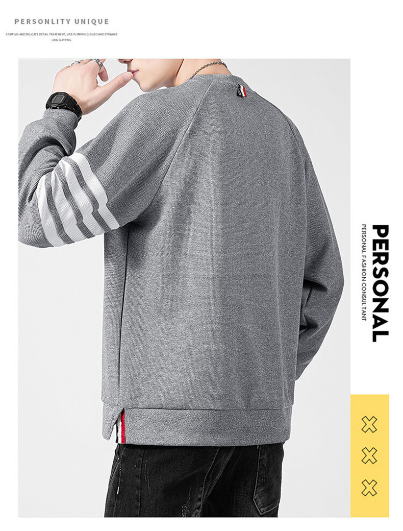 Men's Waffle Brushed Hoody Autumn and Winter Fashion Brand Casual round Neck Pullover Top Clothes Striped TB Long Sleeve T-shirt Men