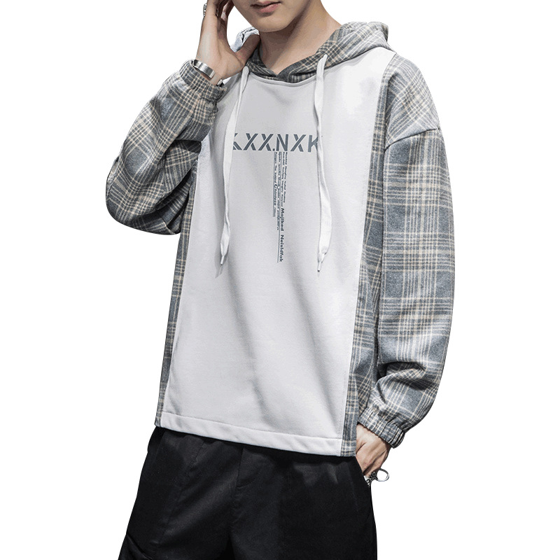Hooded Sweater Men Fashion Brands Fake Two-Piece Long Sleeve Plaid Top Clothes Korean Style Trendy Loose Jeans for Hoody