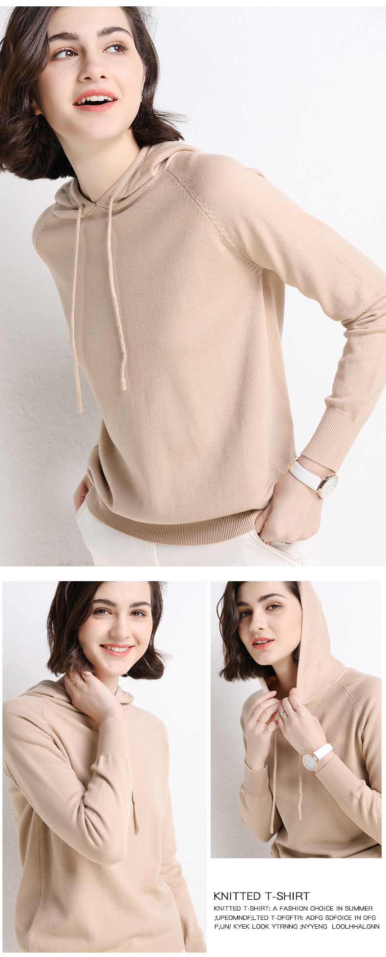 2021 Spring and Autumn New Ladies Knitted Hoodie Women's Solid Color Woolen Sweater Sweater Korean Style Slim-Fit Hoody