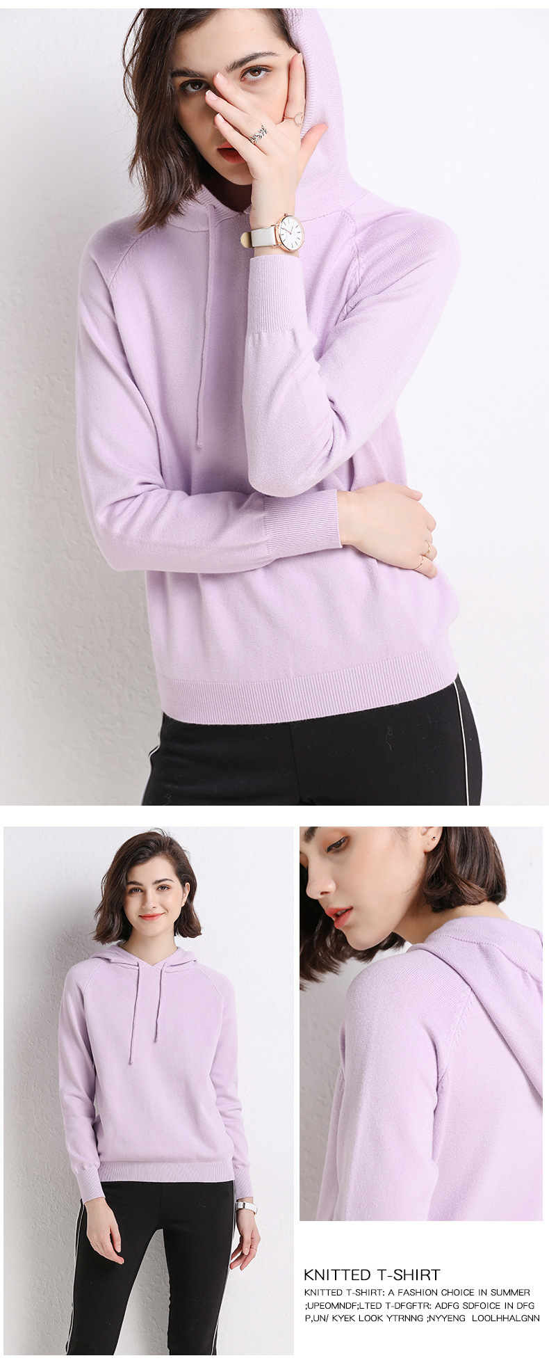 2021 Spring and Autumn New Ladies Knitted Hoodie Women's Solid Color Woolen Sweater Sweater Korean Style Slim-Fit Hoody