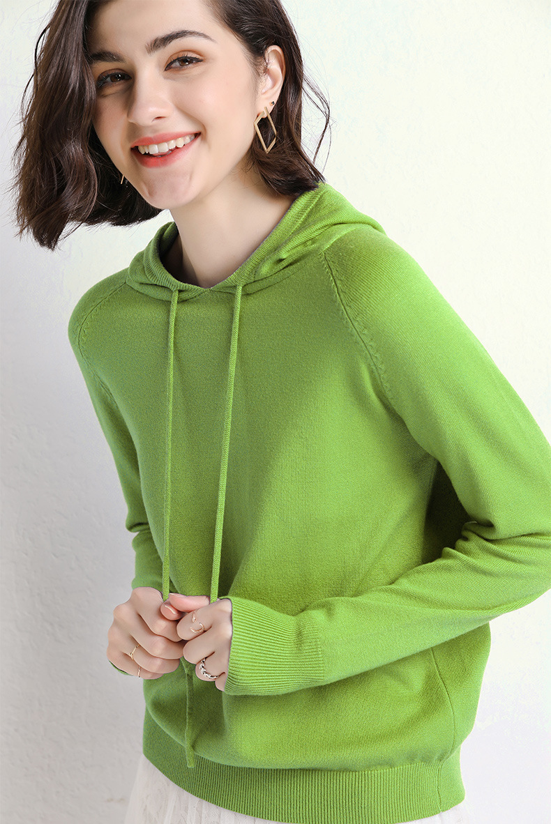 2021 Spring and Autumn New Ladies Knitted Hoodie Women's Solid Color Woolen Sweater Sweater Korean Style Slim-Fit Hoody