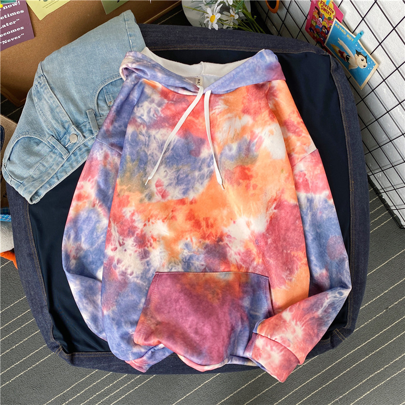 Winter Ins Fashion Brand Printing TieDyed Brushed Hoody Men&#039;s Korean Style Loose Trend AllMatch Couple Cover Top Clothes