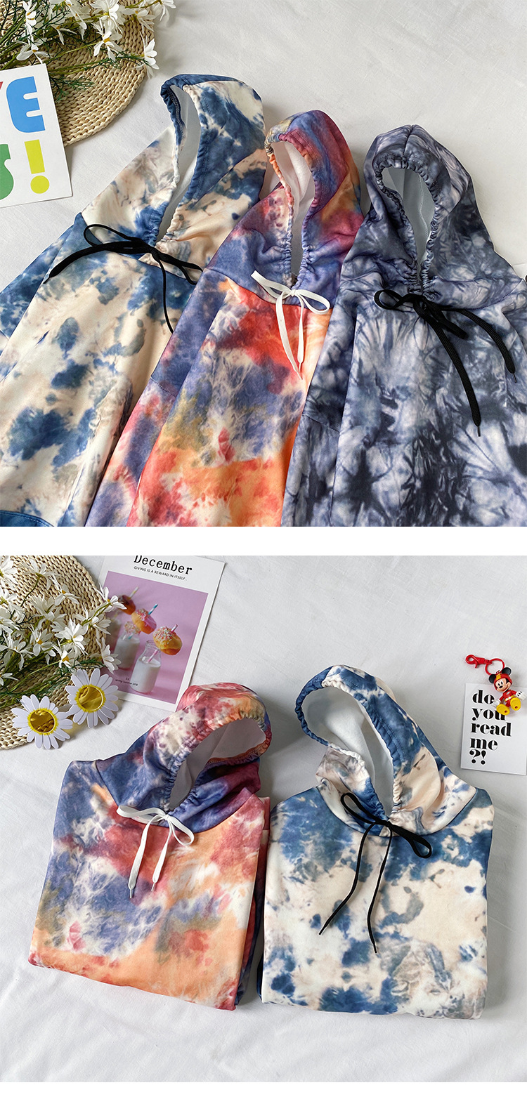 Winter Ins Fashion Brand Printing TieDyed Brushed Hoody Men's Korean Style Loose Trend AllMatch Couple Cover Top Clothes