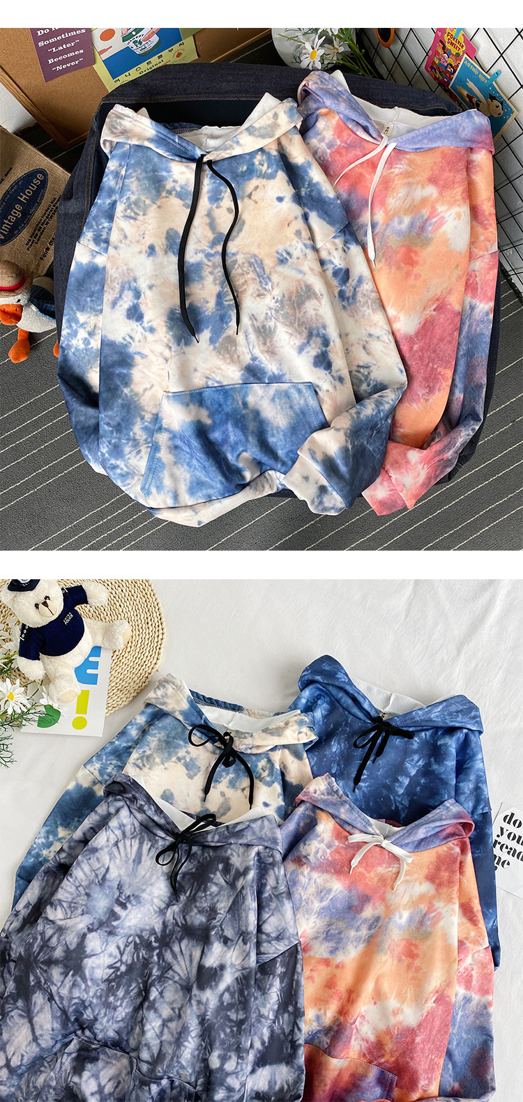 Winter Ins Fashion Brand Printing TieDyed Brushed Hoody Men's Korean Style Loose Trend AllMatch Couple Cover Top Clothes