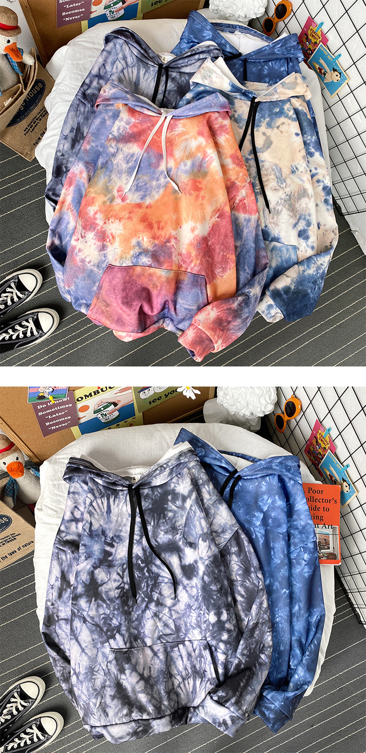 Winter Ins Fashion Brand Printing TieDyed Brushed Hoody Men's Korean Style Loose Trend AllMatch Couple Cover Top Clothes