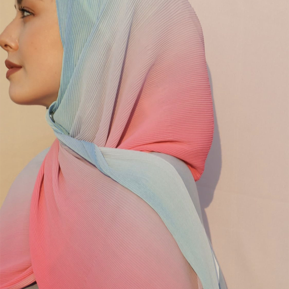 Hot sale new crinkled two-tone color bubble chiffon pleated solid shawls headband beach hijab summer Muslim wraps scarf 
