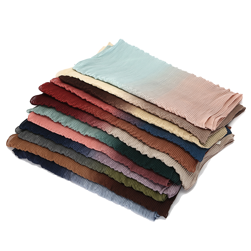 Hot sale new crinkled two-tone color bubble chiffon pleated solid shawls headband beach hijab summer Muslim wraps scarf 