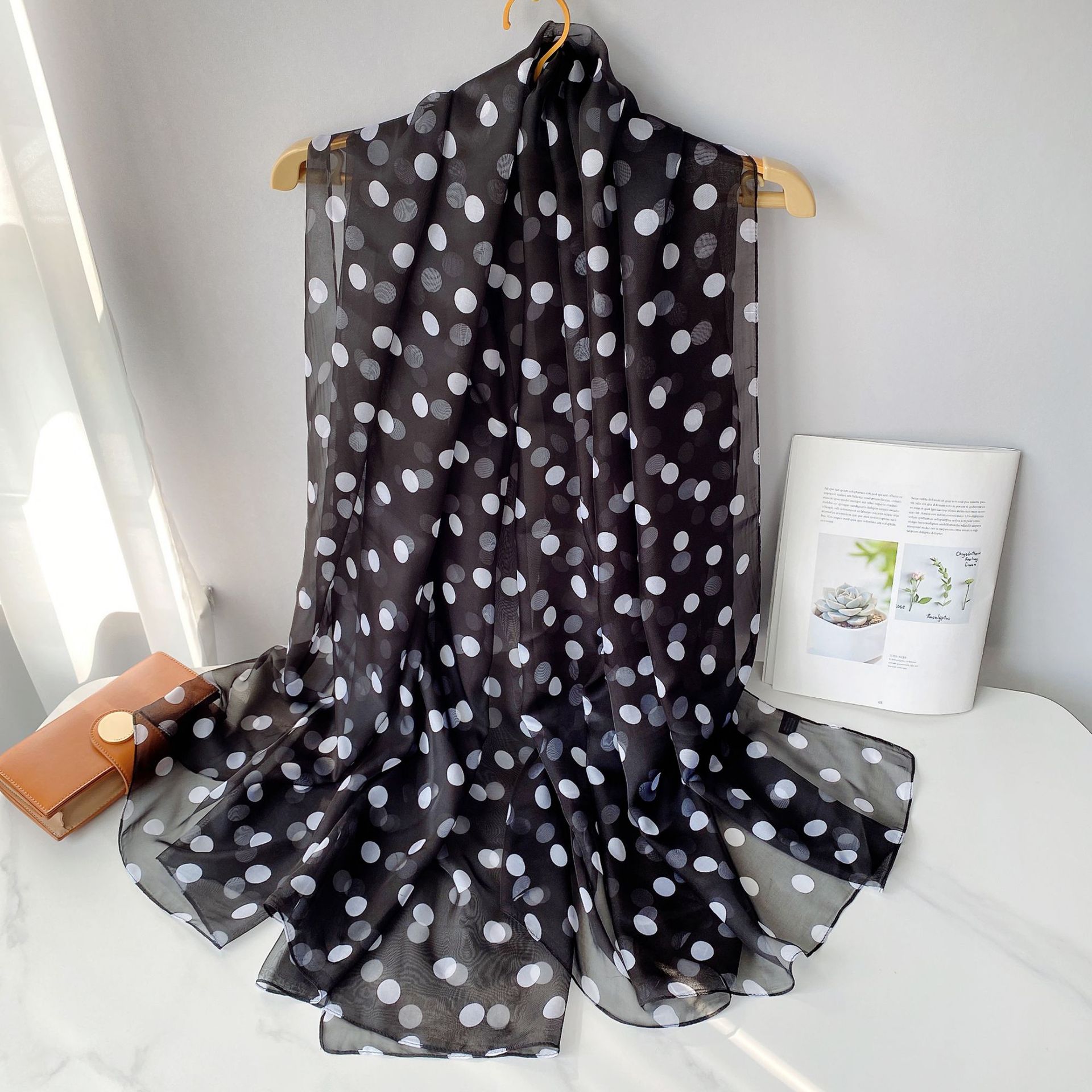 Korean Style Polka Dot Chiffon Printed Scarf Women's Outdoor Travel Large Size Scarf Decoration Thin Cape Beach Towel