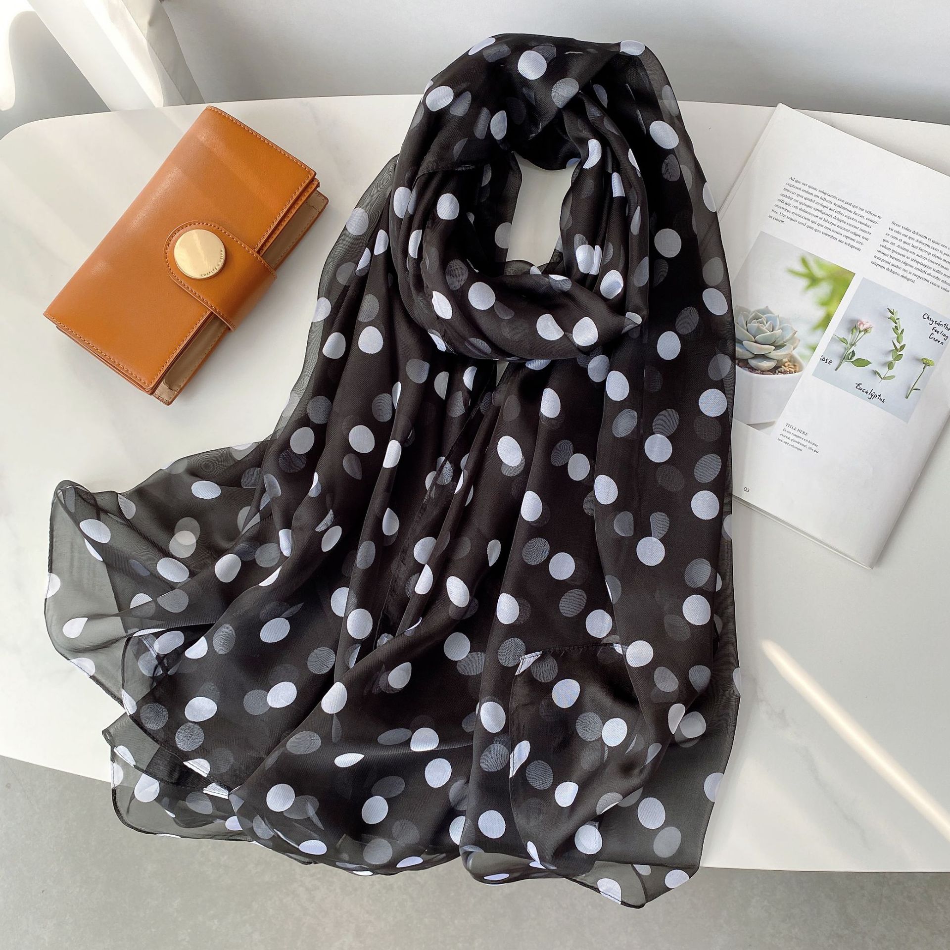 Korean Style Polka Dot Chiffon Printed Scarf Women's Outdoor Travel Large Size Scarf Decoration Thin Cape Beach Towel