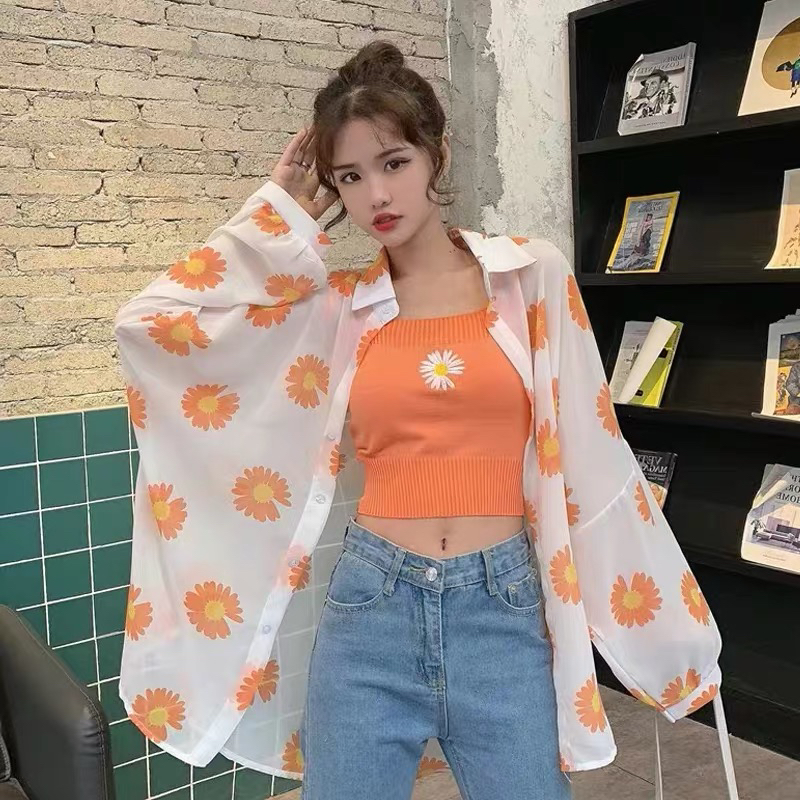 Breathable Thin Small Daisy Sunblock Shirt New Breathable Thin Small Daisy Shirt Sunblock Women&#039;s Korean Version Summer loose Chiffon Cardigan Jacket 2020