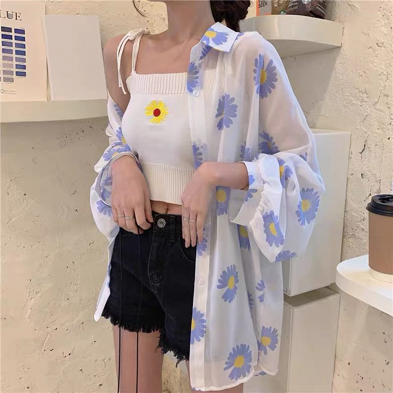 Breathable Thin Small Daisy Sunblock Shirt New Breathable Thin Small Daisy Shirt Sunblock Women&#039;s Korean Version Summer loose Chiffon Cardigan Jacket 2020