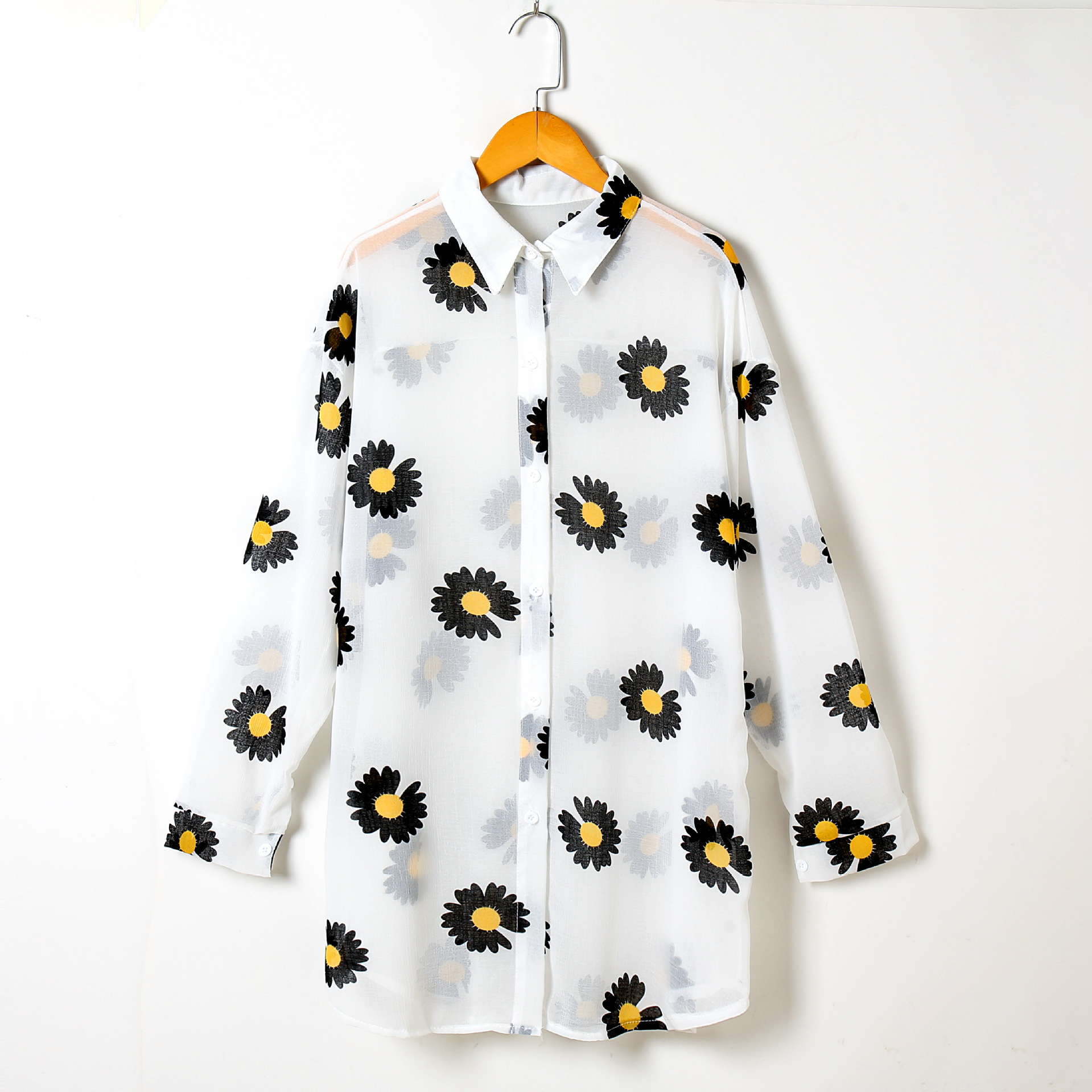 Sun Protection Shirt for Women 202 Summer Chrysanthemum Printed Shirt Sun Protection Clothing Large Size Loose Western Style Chiffon Thin Cardigan