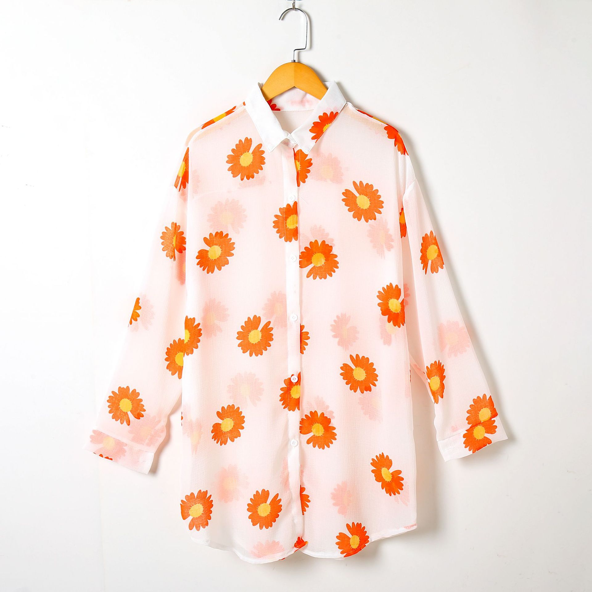 Sun Protection Shirt for Women 202 Summer Chrysanthemum Printed Shirt Sun Protection Clothing Large Size Loose Western Style Chiffon Thin Cardigan