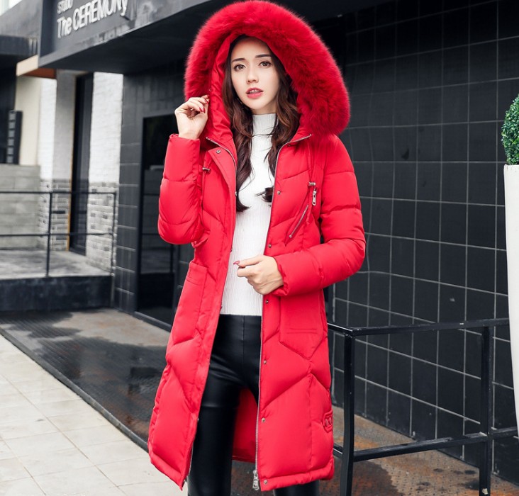 Winter down cotton - padded jacket for women with medium and long hair collars, slim and thickened over knee cotton - padded jackets