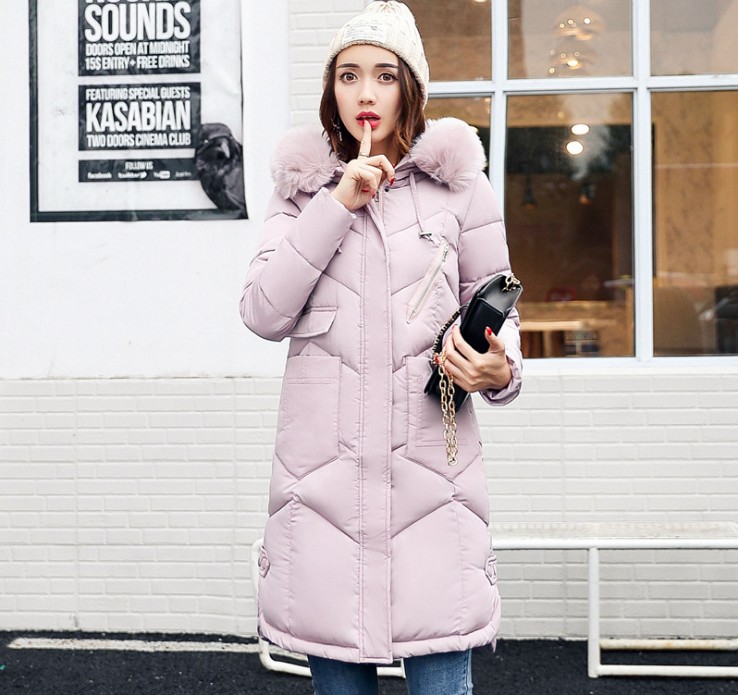 Winter down cotton - padded jacket for women with medium and long hair collars, slim and thickened over knee cotton - padded jackets