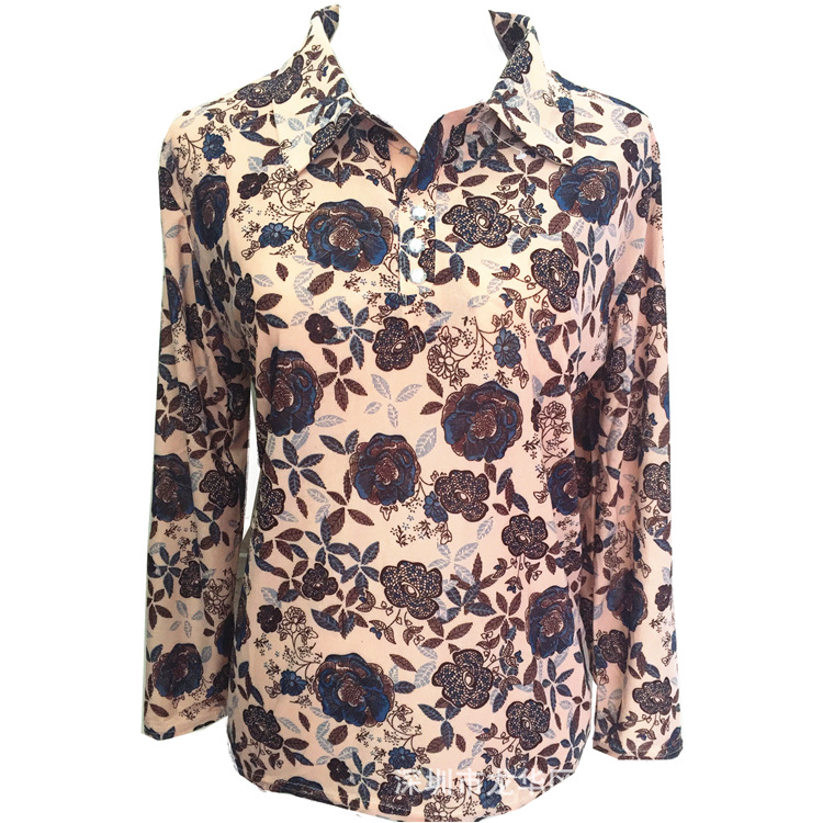 2019 new middle-aged and elderly women&#039;s spring wear long-sleeve mom ice silk lapel plain long-sleeve T-shirt clothing small