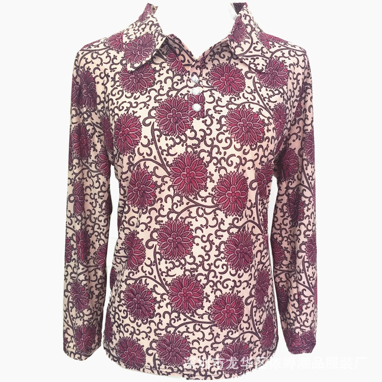 2019 new middle-aged and elderly women's spring wear long-sleeve mom ice silk lapel plain long-sleeve T-shirt clothing small