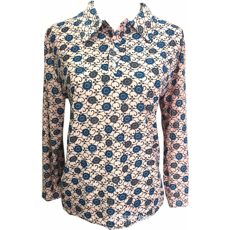 2019 new middle-aged and elderly women's spring wear long-sleeve mom ice silk lapel plain long-sleeve T-shirt clothing small