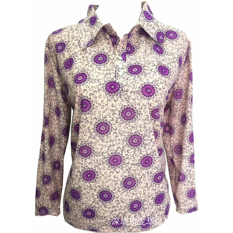 2019 new middle-aged and elderly women's spring wear long-sleeve mom ice silk lapel plain long-sleeve T-shirt clothing small